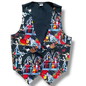 Vintage 111 Main Monster Themed Vest Sz M Black Multi Witch Skeleton Vampire